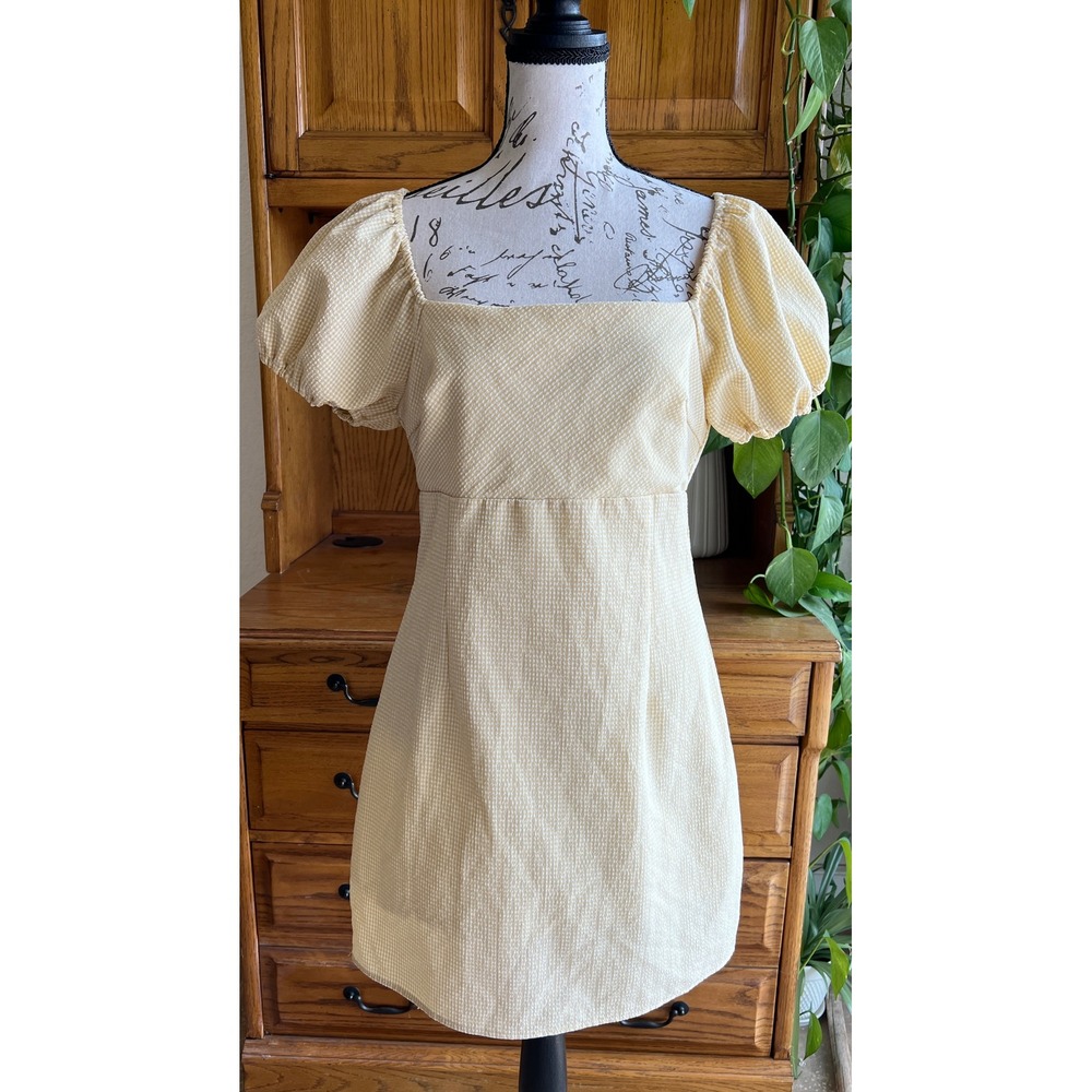 Altar'd State Yellow Gingham Seersucker Puff Sleeve Mini Dress Square Neck Med